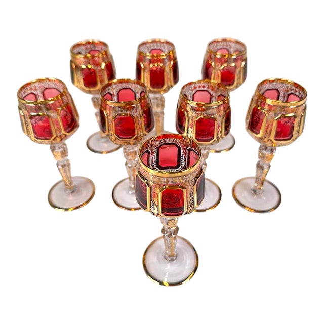 Early 20th Century Moser Bohemian Cut to Clear Paneled Cranberry Red Gold Gilt Stemmed Cordial Glasses - Set of 8 For Sale