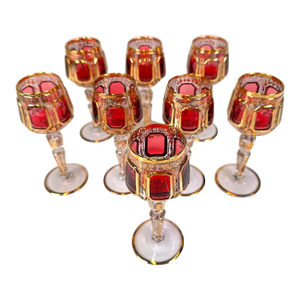 Early 20th Century Moser Bohemian Cut to Clear Paneled Cranberry Red Gold Gilt Stemmed Cordial Glasses - Set of 8