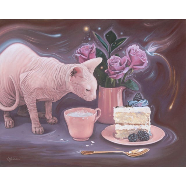 This painting depicts a serene still life featuring a pale pink Sphynx cat curiously exploring a delicate arrangement of...