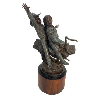 1980s Monumental Signed Bronze Figurative Sculpture of Children by J. Davidson on Marble & Rosewood Pedestal For Sale
