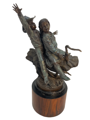 1980s Monumental Signed Bronze Figurative Sculpture of Children by J. Davidson on Marble & Rosewood Pedestal