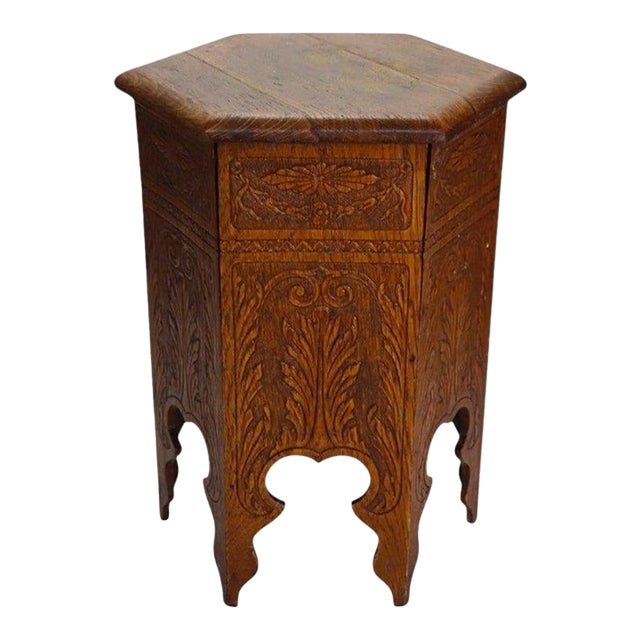 Arts & Crafts Floral & Foliate Press Oak Hexagonal Tabouret Plant Stand C1920 For Sale