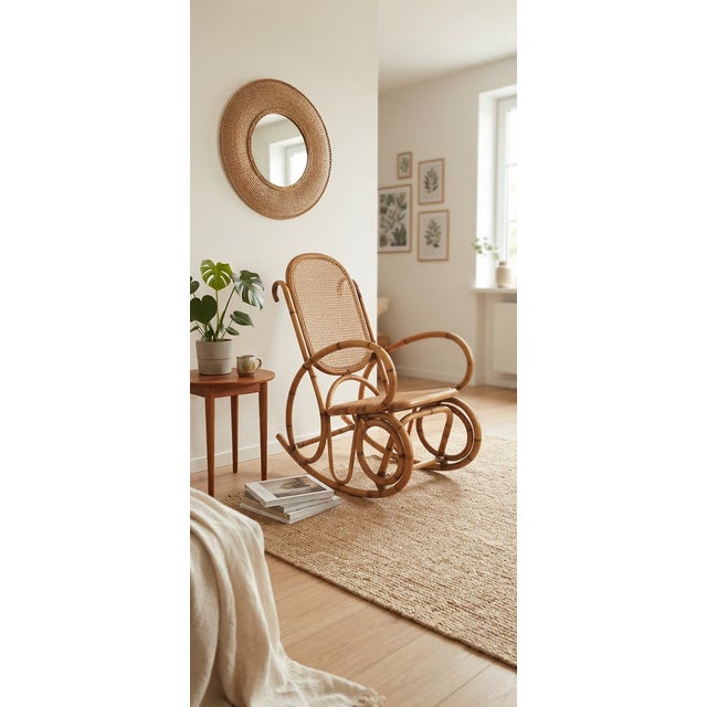 An exquisite mid-century modern rocking chair crafted in natural rattan and bamboo, dating from the 1950s. This piece...