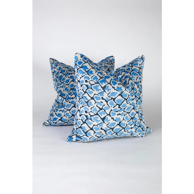 !24" X 24" Pair of Designer Pillows in Blue Velvet With Snakeskin Animal Print Pattern For Sale In Raleigh - Image 6 of 7