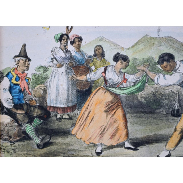 Antique Italian Lithograph Hand-Colored Set of 4 Traditional Dances & Games Silk Mats Gilt Frames For Sale In Philadelphia - Image 6 of 16