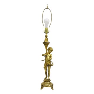 Vintage French Renaissance Brass Rococo Gold Figural Cherub Putti Table Lamp For Sale