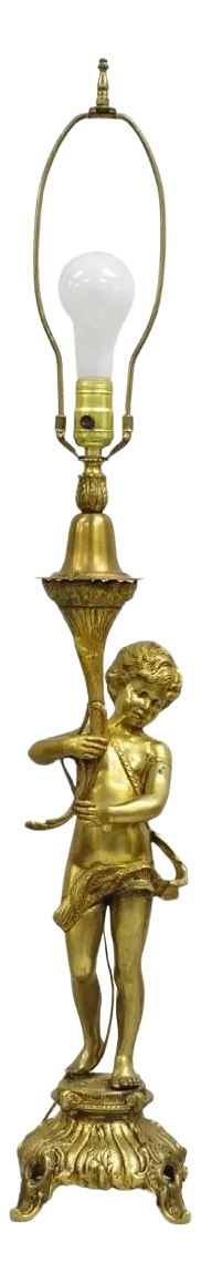 Vintage French Renaissance Brass Rococo Gold Figural Cherub Putti Table Lamp
