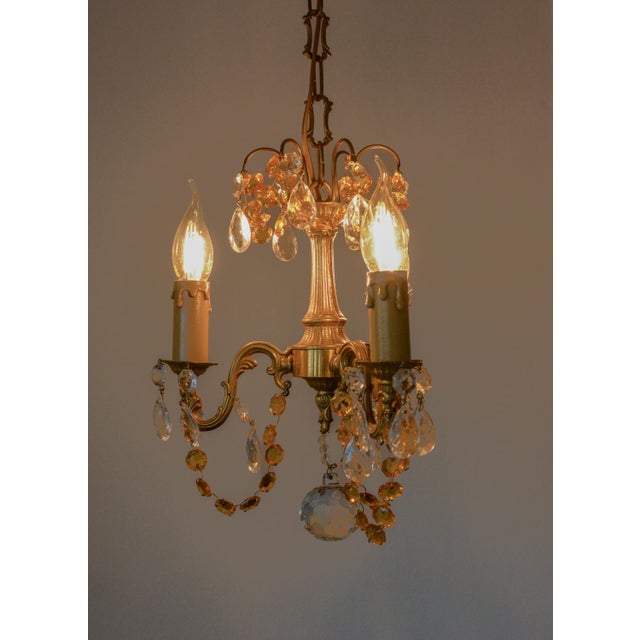 Orange Small French Brass Chandelier in Amber Crystal, 1960s For Sale - Image 8 of 10