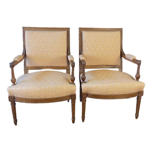 Louis XVI Carved Mahogany Fauteuil Arm Chairs -a Pair For Sale