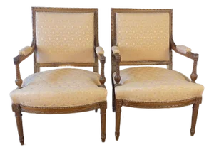 Louis XVI Carved Mahogany Fauteuil Arm Chairs -a Pair
