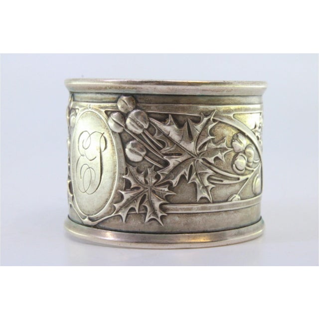 Metal Silver Napkin Ring with Raised Floral Motifs Surrounding a Monogram Card. For Sale - Image 7 of 8