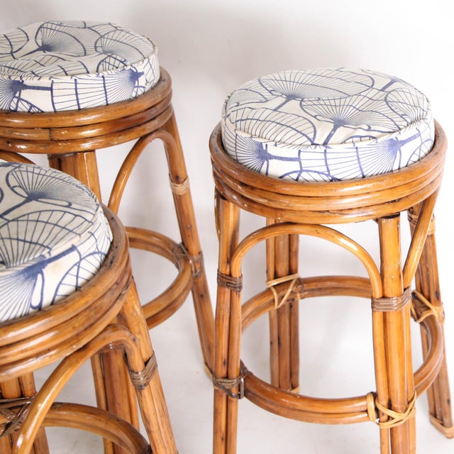 Rattan Stools with Seat Cushions, 1970s, Set of 6 For Sale - Image 6 of 11