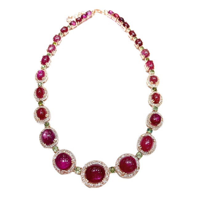 Bochic “Capri” Vintage Ruby, White Topaz & Peridot Necklace Set in 18K & Silver For Sale