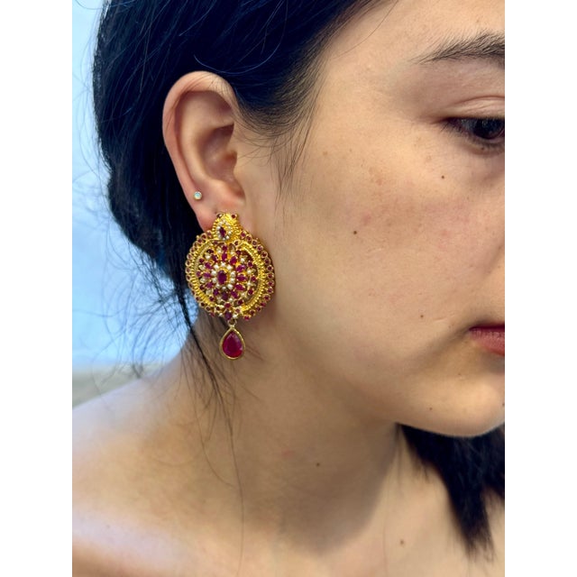 22 Karat Gold Ruby & Natural Pearl Yellow Gold Circle Stud Earring, Hanging Ruby For Sale - Image 13 of 18