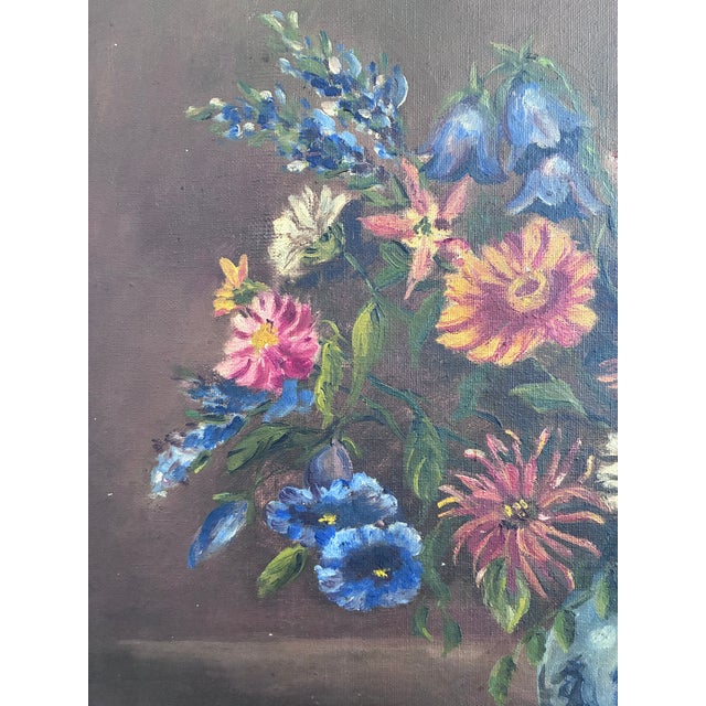 Vintage Original Floral Oil Painting With Blue and White Vase For Sale - Image 10 of 15