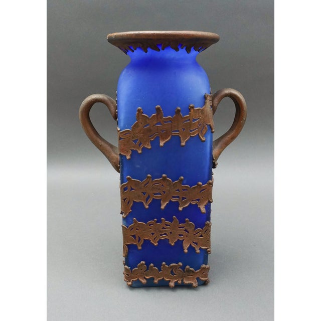 Mid 20th Century Anca Podaru Ama Romanian Copper Overlay Handled Art Glass Nouveau Vase For Sale - Image 9 of 9