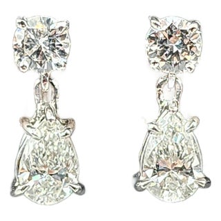 1.57 Ct Gia Certified Pear & Round Diamond Drop Earrings, A Pair For Sale