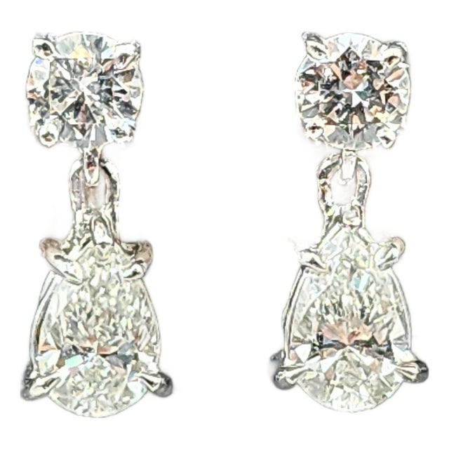 1.57 Ct Gia Certified Pear & Round Diamond Drop Earrings, A Pair For Sale