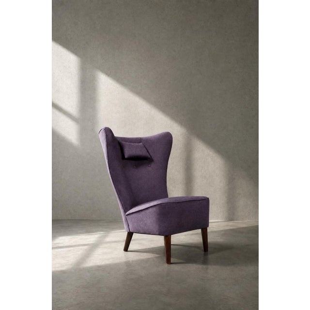 1950s Vintage Scandinavian Modern Oak and Purple Fabric High Back Wing Chair, 1950s For Sale - Image 5 of 18