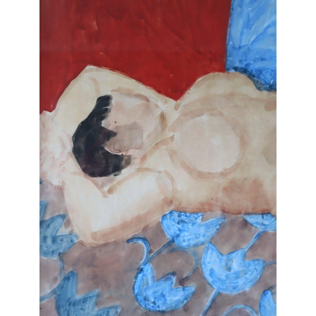 Mid-Century Modern 'Reclining Figure on Rug' Original Swedish Figurative Watercolour Painting, Framed For Sale - Image 9 of 12
