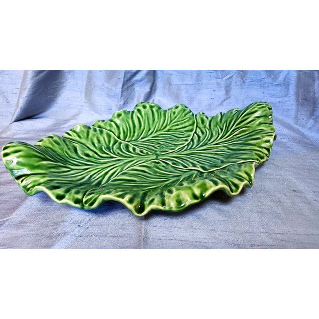 Ceramic Late 20th Century 17" Portugese Cabbageware Leaf Tray Trompe l'Oeil Majolica For Sale - Image 7 of 9