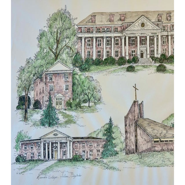 Mid-Century Modern 1980s Roanoke College, Salem Virginia Campus Print by Liz Bryant – Hand-Colored Architectural Illustration, 24” X 18” For Sale - Image 3 of 4