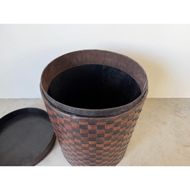 Brown 1990s Vintage Woven Leather Checkered Brown Storage Side Table With Removable Lid For Sale - Image 8 of 12