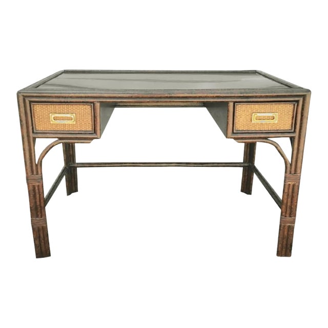 Vintage Cane Tortoiseshell 2 Drawer Campaign British Colonial Black Plexi Glass Top Writing Desk For Sale