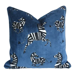 Designer Blue & Black/White Zebras Velvet Feather/Down Pillow 22" Square
