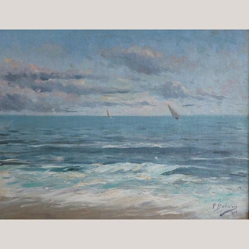 Gold Impressionist Seascape with Sailboats, Oil on Canvas, Framed For Sale - Image 8 of 8
