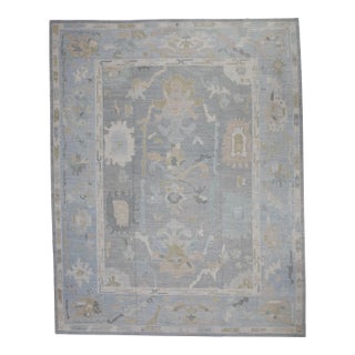Early 21st Century Blue Floral Design Handwoven Wool Turkish Oushak Rug 12'1" X 15'6" For Sale