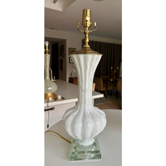 Pair Murano White and Silver Inclusions Glass Table Lamps For Sale In Palm Springs - Image 6 of 16