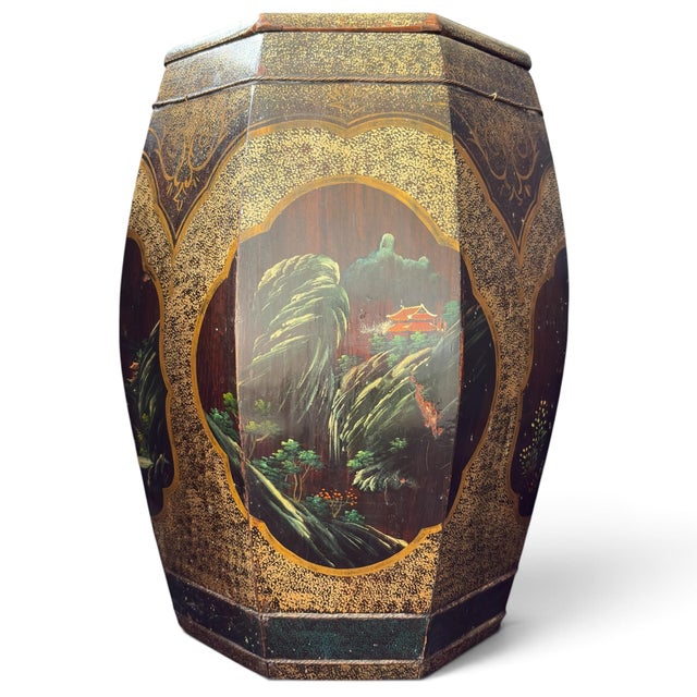 Mid 20th Century Unusual Kitten & Goldfish Octagonal Rice Barrel Hand-Painted Lacquer Wood 17.5" For Sale - Image 4 of 18