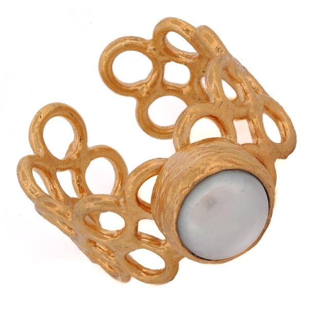 Brass Delicate Gold & Pearl Adjustable Ring, Size 4 For Sale - Image 8 of 9