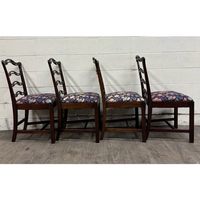 Blue Vintage Chippendale Style Ladder Back Ribbon Back Dining Chairs - Set of 4 For Sale - Image 8 of 8