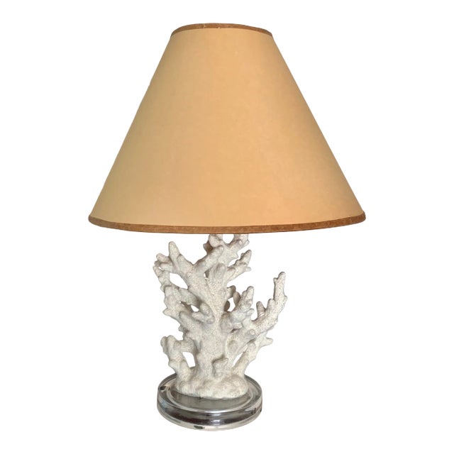 Organic White Faux Coral Lamp With Beige Paper Shade For Sale