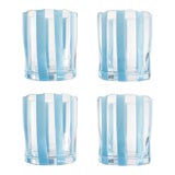Riviera Blue Striped Italian Murano Glass Lowball Glasses With Scalloped Rim Set of 4 For Sale