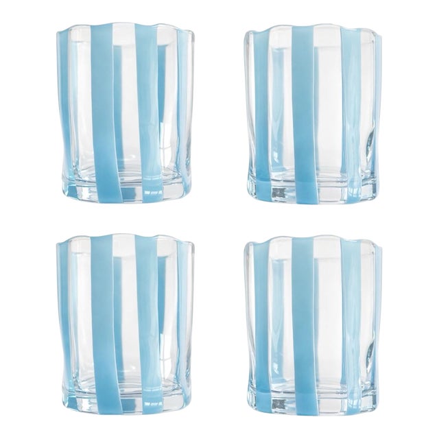 Riviera Blue Striped Italian Murano Glass Lowball Glasses With Scalloped Rim Set of 4 For Sale