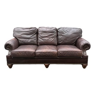 Hickory Galleries by Wesley Hall Rolled Arm Leather Sofa For Sale