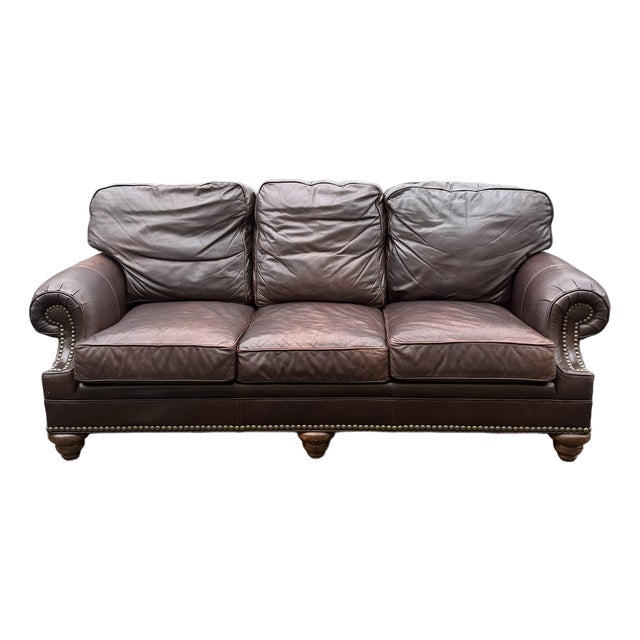 Hickory Galleries by Wesley Hall Rolled Arm Leather Sofa For Sale