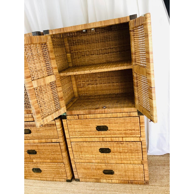 Wood Vintage Pair of Woven Rattan Chest on Chest Dressers Boho Chic Campaign Style For Sale - Image 7 of 15