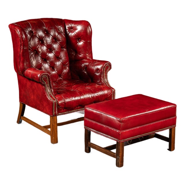 Vintage Leather Chesterfield Wingback Chair With Ottoman in Red by Ethan Allen For Sale