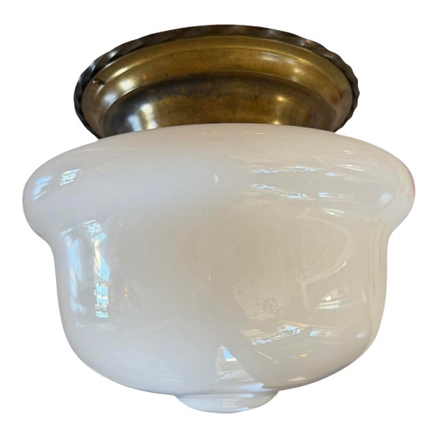 1920s Large Vintage Schoolhouse Milk Glass Flushmount Ceiling Fixture For Sale