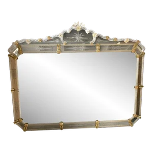 Venetian Rectangular Gold Floreal Hand-Carving Mirror in Murano Glass Style