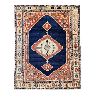 Vintage Turkish Azeri Rug, Hand-Knotted Handspun Wool, Geometric Serapi Pattern, Vegetable Dyes, Navy & Red, 8x11 For Sale