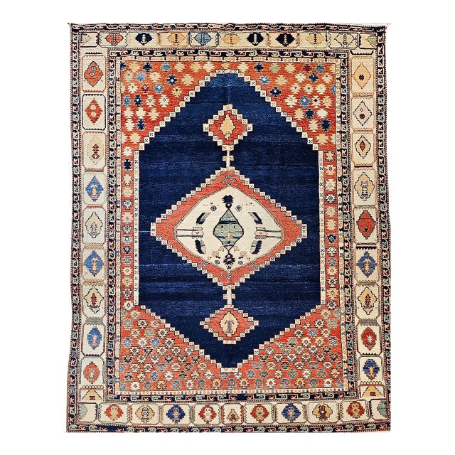 Vintage Turkish Azeri Rug, Hand-Knotted Handspun Wool, Geometric Serapi Pattern, Vegetable Dyes, Navy & Red, 8x11 For Sale