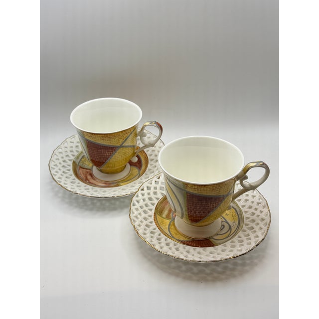 Queen Isabell Limited Collection Porcelain Cups & Pierced Saucers – Set of 2 For Sale - Image 4 of 5