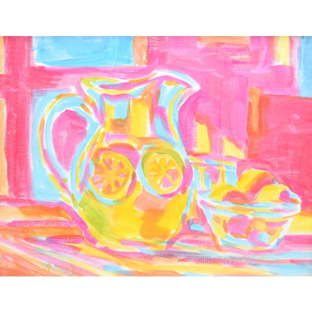 Abstract Colorful Impressionist Lemonade in Pitcher Painting Including the Antiqued Gold Wood Frame For Sale - Image 3 of 5