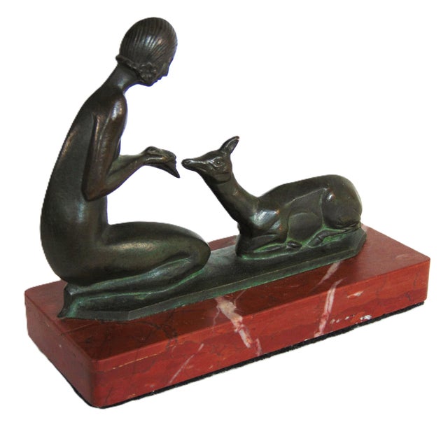 Antique Art Deco Bronze Sculpture "Woman Feeding Deer" on Red Marble Base 6.5"l X 5.5"h For Sale - Image 10 of 10