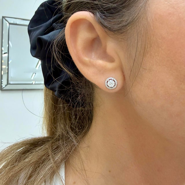 Silver Unisex 18k White Gold Gia 1.21ctw Round Brilliant Cut Diamond Halo Stud Earrings, A Pair For Sale - Image 8 of 10